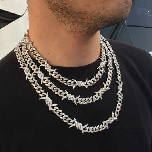 10MM White Gold Plated Iced Out Barb Wire Cuban Link Chain Hip Hop