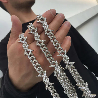 10MM White Gold Plated Iced Out Barb Wire Cuban Link Chain Hip Hop