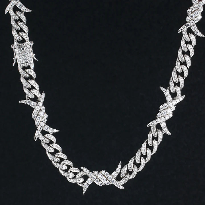10MM White Gold Plated Iced Out Barb Wire Cuban Link Chain Hip Hop
