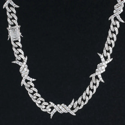 10MM White Gold Plated Iced Out Barb Wire Cuban Link Chain Hip Hop