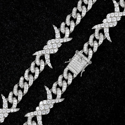 10MM White Gold Plated Iced Out Barb Wire Cuban Link Chain Hip Hop