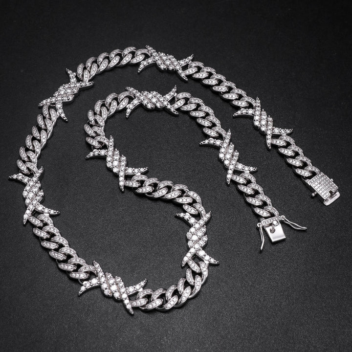 10MM White Gold Plated Iced Out Barb Wire Cuban Link Chain Hip Hop