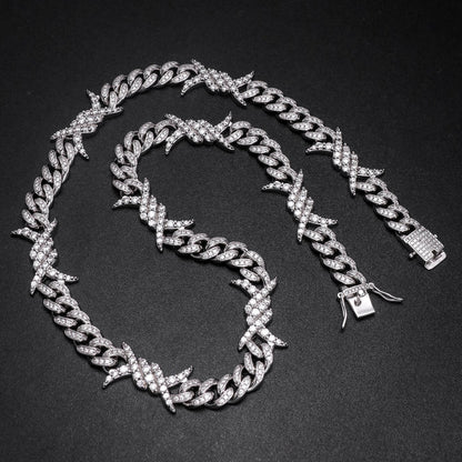 10MM White Gold Plated Iced Out Barb Wire Cuban Link Chain Hip Hop