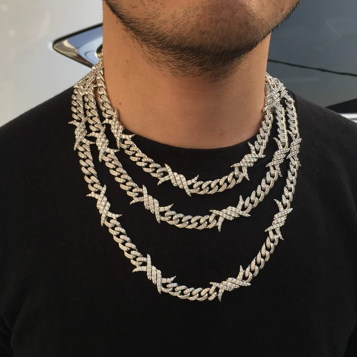 10MM White Gold Plated Iced Out Barb Wire Cuban Link Chain Hip Hop