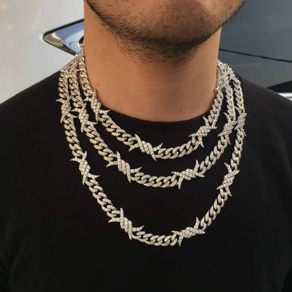 10MM White Gold Plated Iced Out Barb Wire Cuban Link Chain Hip Hop