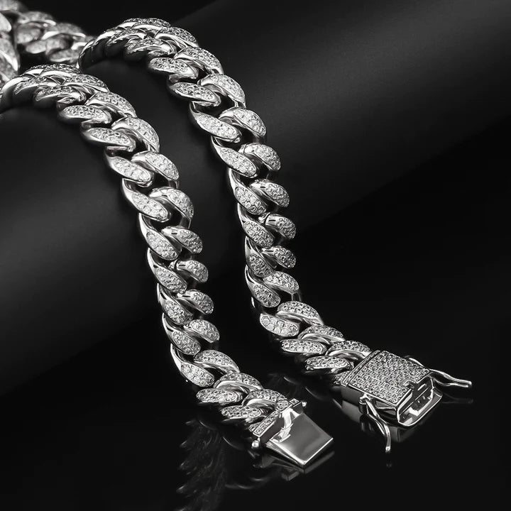 10MM White Gold Plated Iced Out Cuban Link Chain Necklace