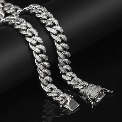 10MM White Gold Plated Iced Out Cuban Link Chain Necklace