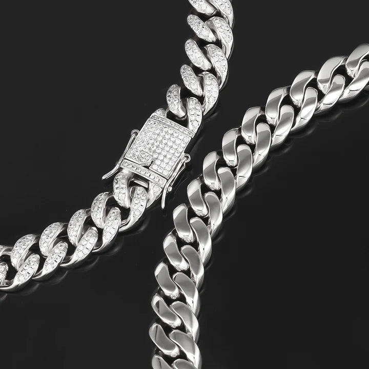 10MM White Gold Plated Iced Out Cuban Link Chain Necklace