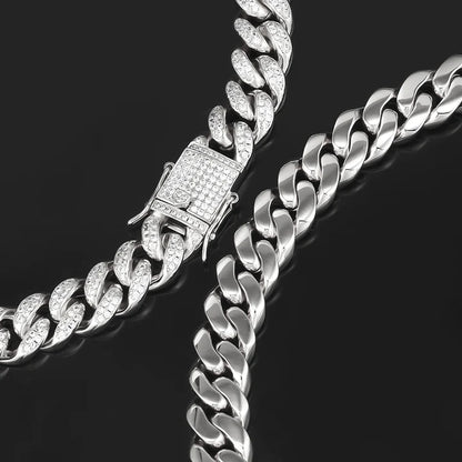 10MM White Gold Plated Iced Out Cuban Link Chain Necklace