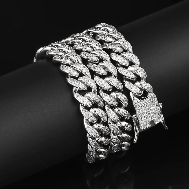 10MM White Gold Plated Iced Out Cuban Link Chain Necklace