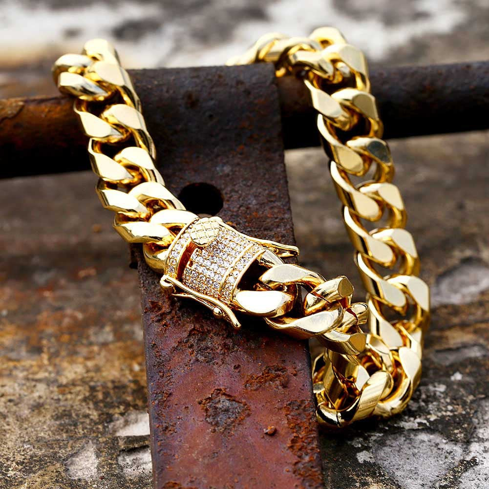 10MM 18K/White Gold Zircon Clasp Miami Cuban Link Bracelet