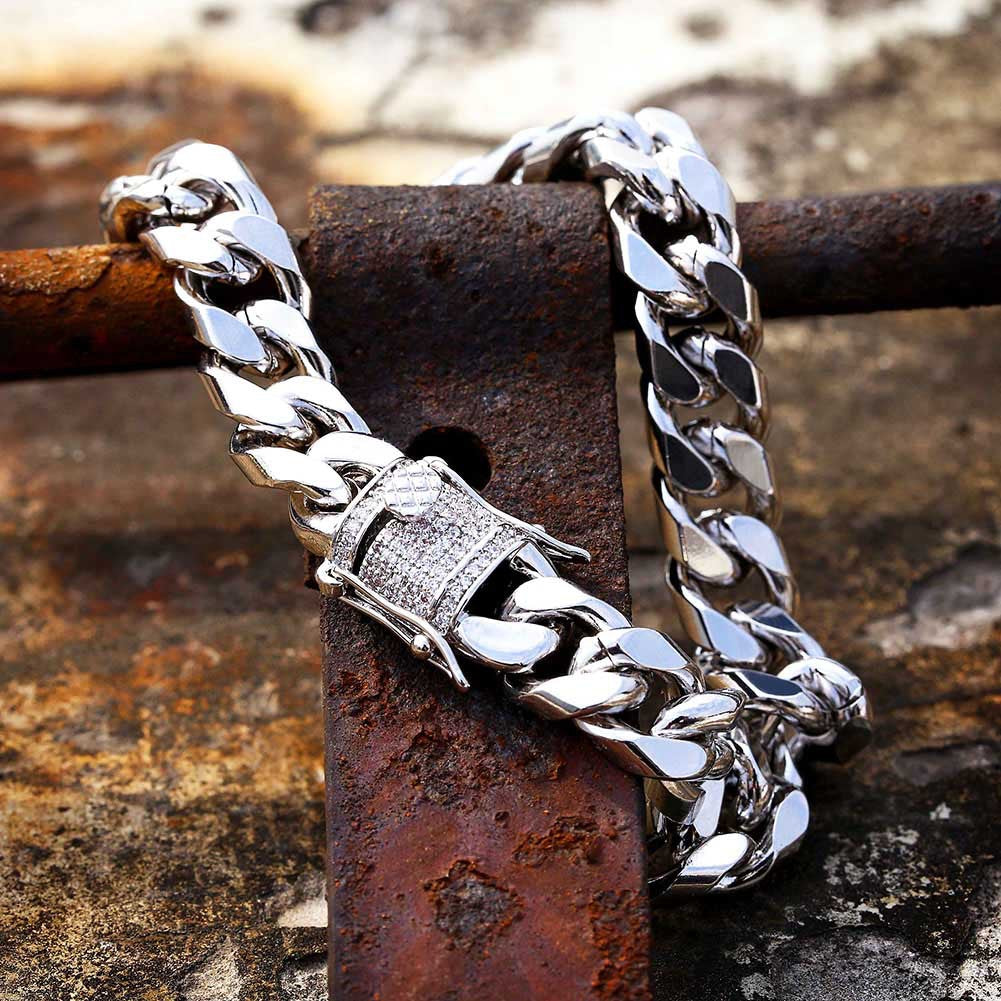 10MM 18K/White Gold Zircon Clasp Miami Cuban Link Bracelet