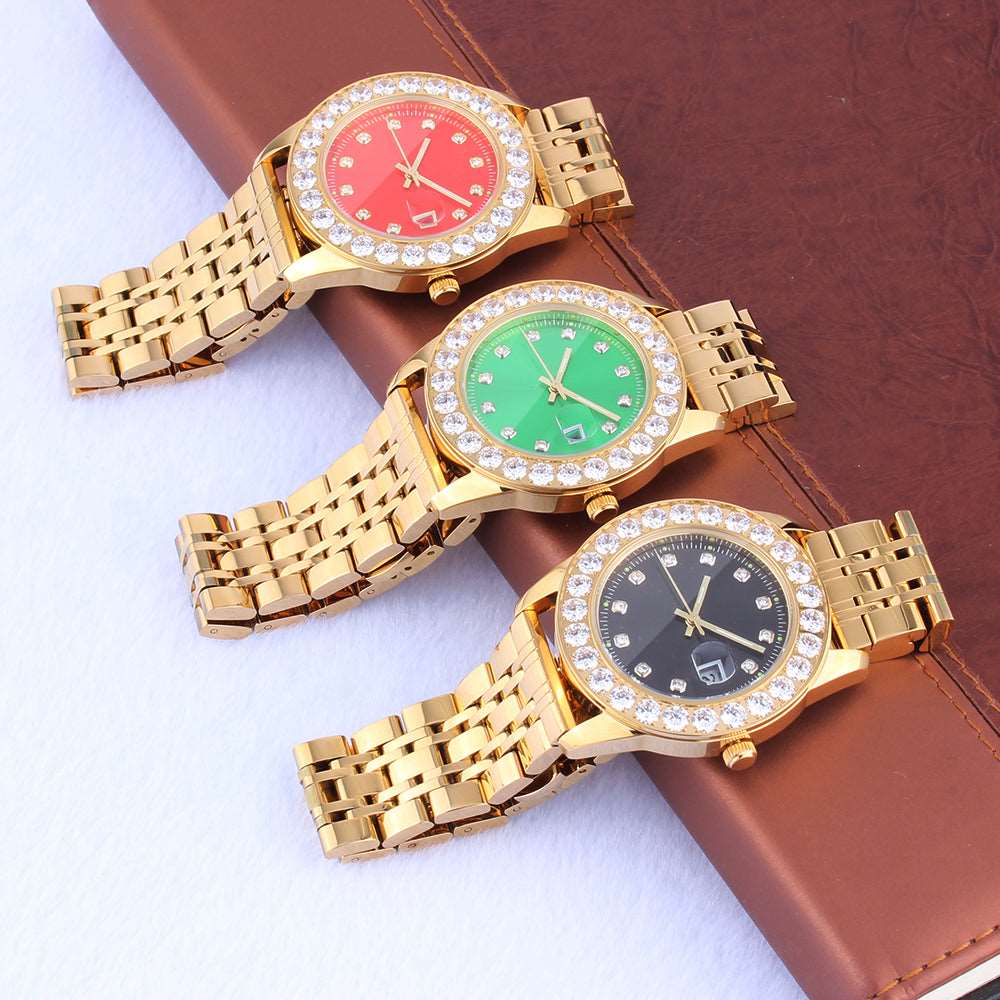 18K Gold Plated Red Dial Stainless Steel Iced Out Watch