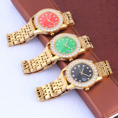 18K Gold Plated Red Dial Stainless Steel Iced Out Watch