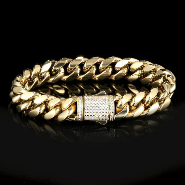 12MM 14K Gold Plated Iced Out Clasp Miami Cuban Link Chain And Bracelet Set