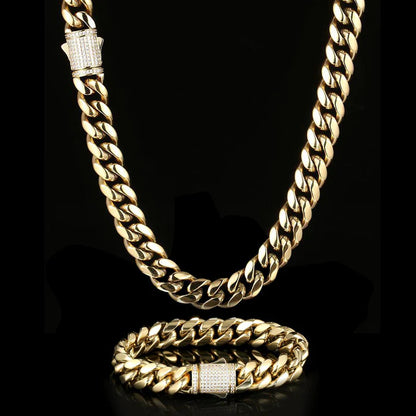 12MM 14K Gold Plated Iced Out Clasp Miami Cuban Link Chain And Bracelet Set