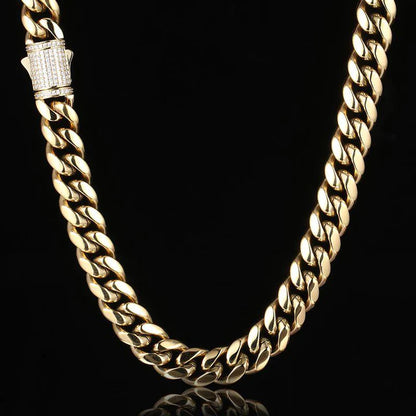 12MM 14K Gold Plated Iced Out Clasp Miami Cuban Link Chain And Bracelet Set