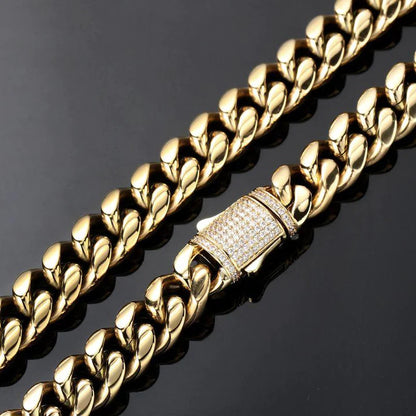 12MM 14K Gold Plated Iced Out Clasp Miami Cuban Link Chain And Bracelet Set