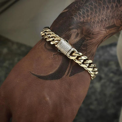 12MM 14K Gold Plated Iced Out Clasp Miami Cuban Link Chain And Bracelet Set