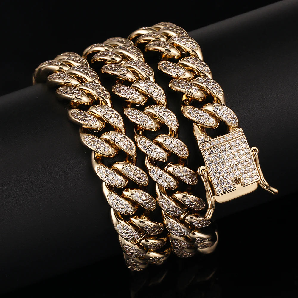12MM 14K Gold Plated Iced Out Cuban Link Chain