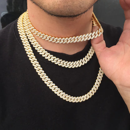 12MM 14K Gold Plated Iced Out Cuban Link Chain Necklace