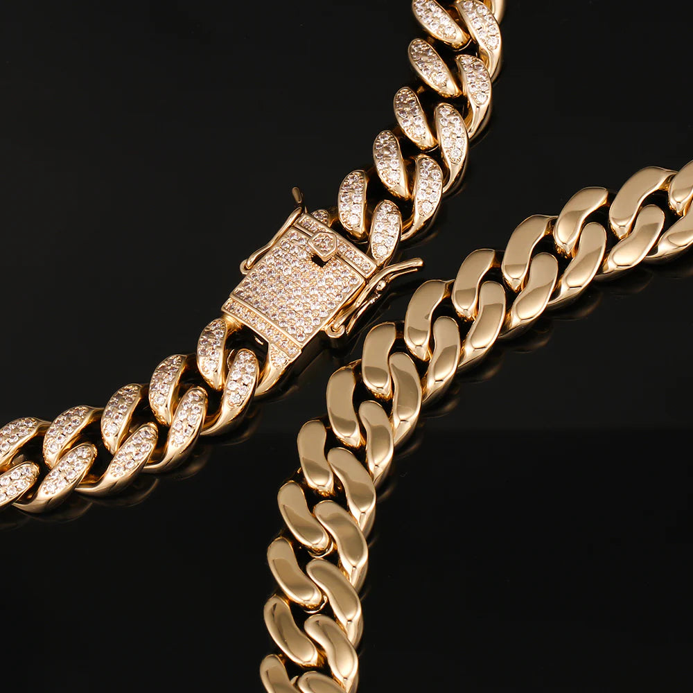 12MM 14K Gold Plated Iced Out Cuban Link Chain