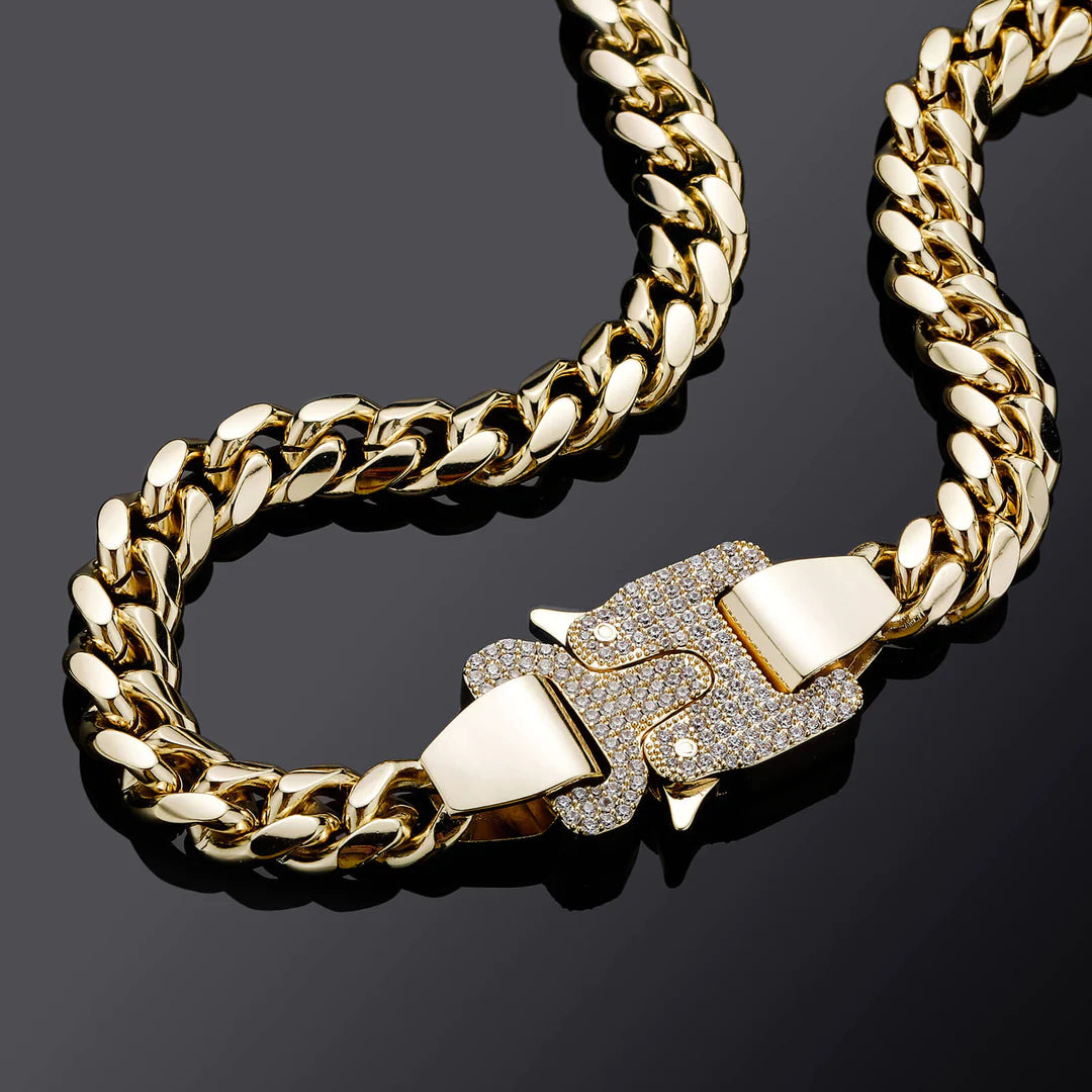 12MM 14K Gold Roller Coaster Buckle Miami Cuban Link Chain Necklace