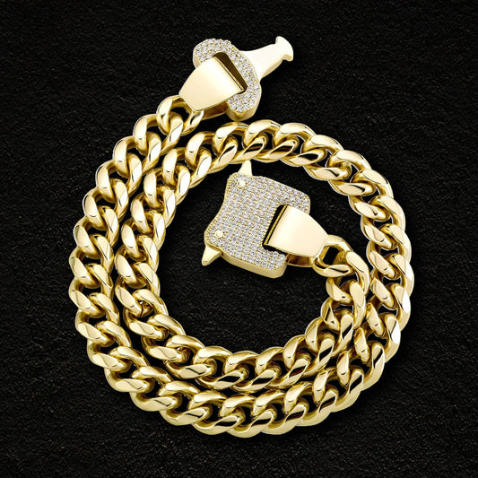 12MM 14K Gold Roller Coaster Buckle Miami Cuban Link Chain Necklace
