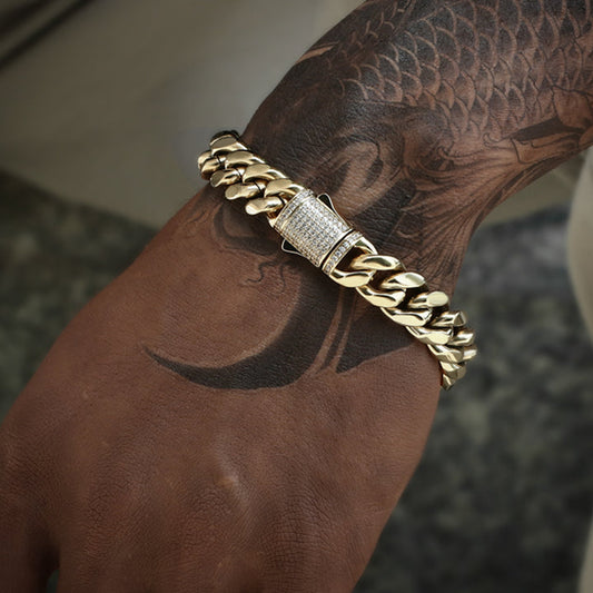 12MM 14K Gold Plated Iced Out Clasp Miami Cuban Link Bracelet