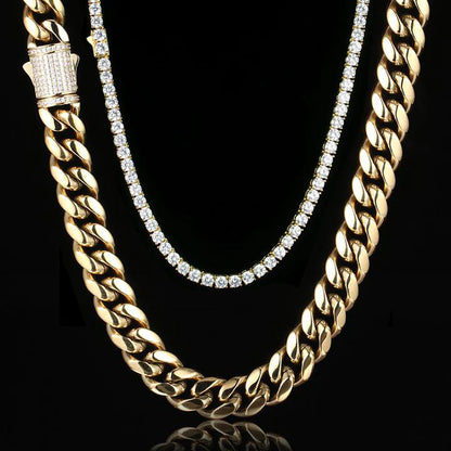 12MM 14K Gold Plated Iced Out Clasp Miami Cuban Link Chain Necklace Stainless Steel TRIPOD JEWELRY