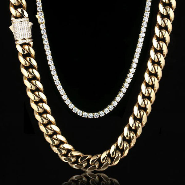 12MM 14K Gold Plated Iced Out Clasp Miami Cuban Link Chain Necklace