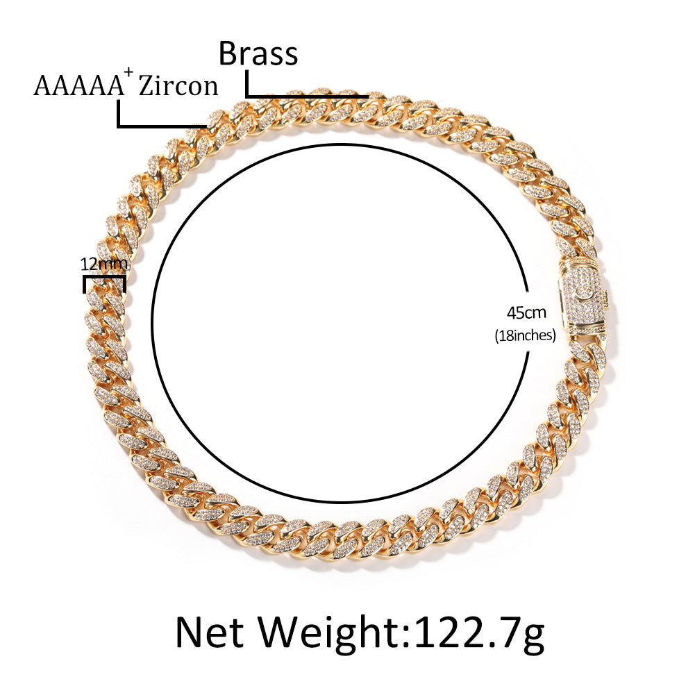 12MM White Gold Letter Iced Out Clasp Cuban Link Chain Necklace Hip Hop