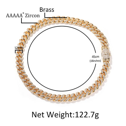 12MM White Gold Letter Iced Out Clasp Cuban Link Chain Necklace Hip Hop
