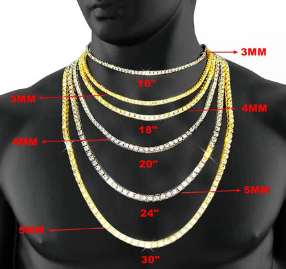 3/4/5MM 14K Gold Iced Out Diamond Tennis Chain 18-30 Inches Necklace for Men and Women