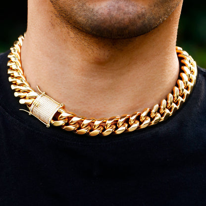 8MM 18K Gold Plated Iced Out Clasp Miami Cuban Link Chain And Bracelet Set