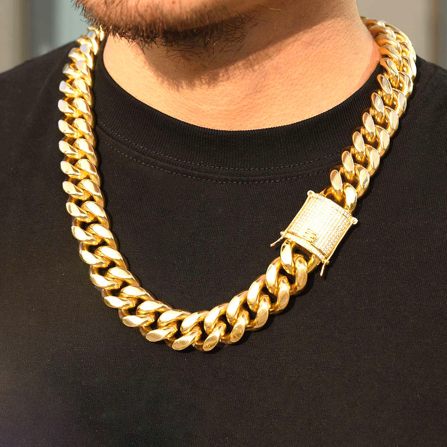 8MM 18K Gold Plated Iced Out Clasp Miami Cuban Link Chain And Bracelet Set