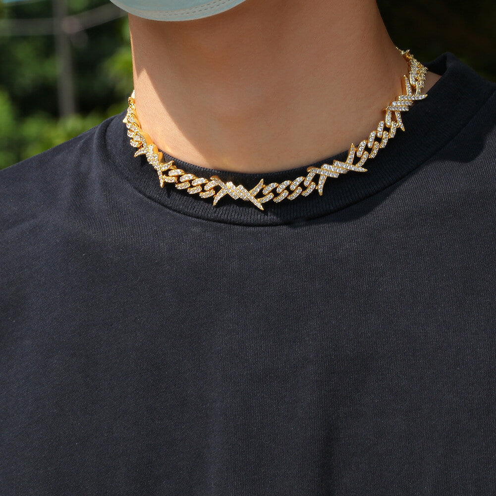 Iced Out Cuban Link Necklace For Men 18K Gold Plated Barb Wire Hip Hop