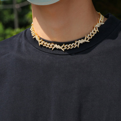 Iced Out Cuban Link Necklace For Men 18K Gold Plated Barb Wire Hip Hop