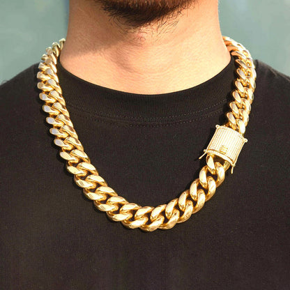 8/10/12MM 18K Gold Plated Iced Out Clasp Miami Cuban Link Chain & Bracelet Set
