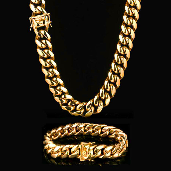 Big Size 14/16/18MM 18K Gold Plated Miami Cuban Link Chain And Bracelet Set