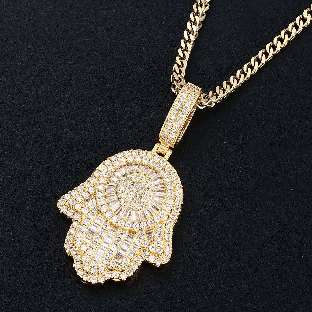 18K Gold Baguette Iced Out Hamsa Hand Pendant