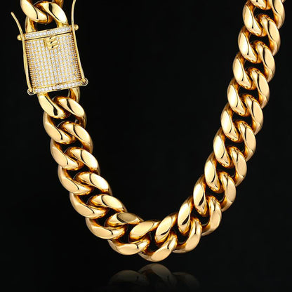 8/10/12MM 18K Gold Plated Iced Out Clasp Miami Cuban Link Chain & Bracelet Set