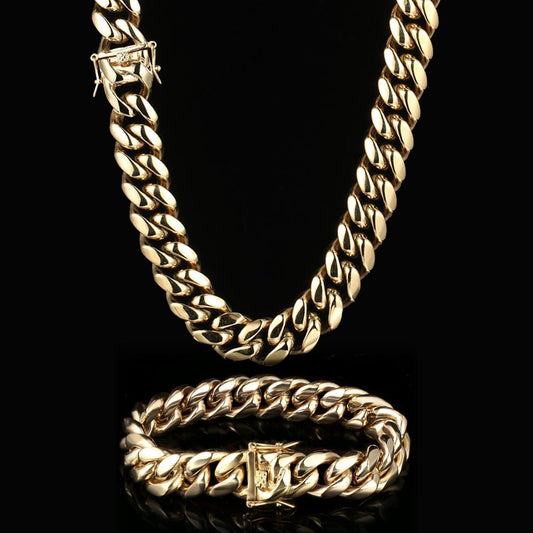 Big Size 14/16/18MM Real 14K Gold Plated Miami Cuban Link Chain & Bracelet Set Necklace