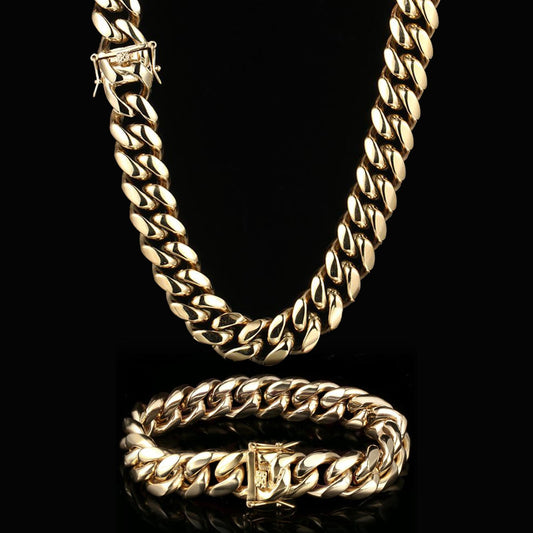 14K Gold Plated Solid Miami Cuban Link Chain & Bracelet Set For Men