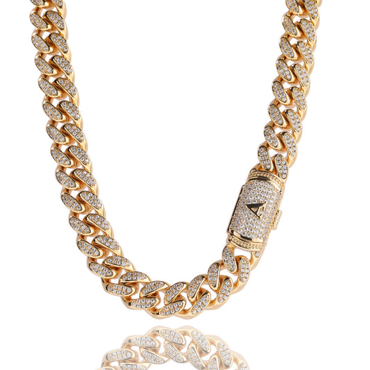 12MM Real 18K Gold Plated Letter Clasp Cuban Link Chain Necklace For Men