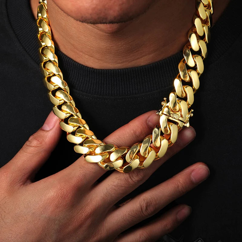 Hip Hop Gold Plated Heavy Solid Miami Cuban Link Chain Necklace & Bracelet Set