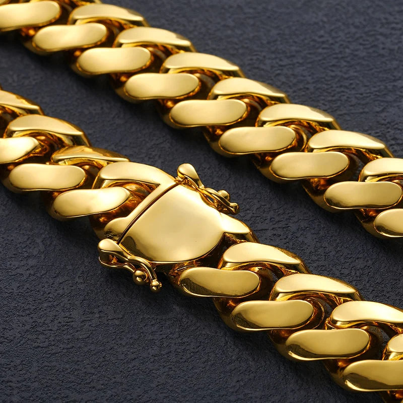 Hip Hop Gold Plated Heavy Solid Miami Cuban Link Chain Necklace & Bracelet Set