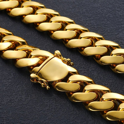 Hip Hop Gold Plated Heavy Solid Miami Cuban Link Chain Necklace & Bracelet Set