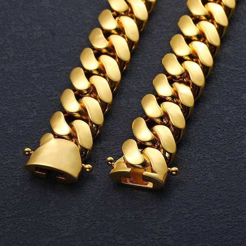 Hip Hop Gold Plated Heavy Solid Miami Cuban Link Chain Necklace & Bracelet Set
