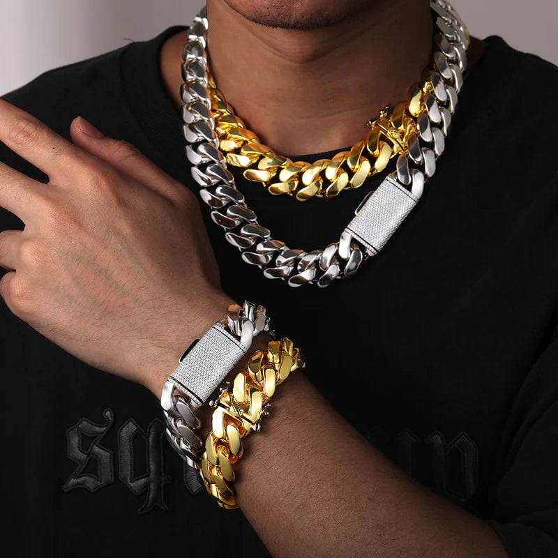 Hip Hop Gold Plated Heavy Solid Miami Cuban Link Chain Necklace & Bracelet Set